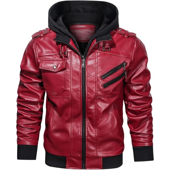 Mens Red HOOD CREW Faux Leather Motorcycle Bomber Jacket Removable Hood - Picture 1 of 5